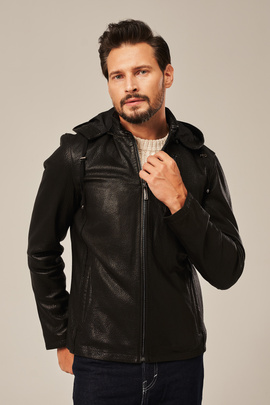 Veste en cuir pour homme avec capuche, noire