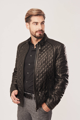 Veste en cuir noire pour homme avec col montant