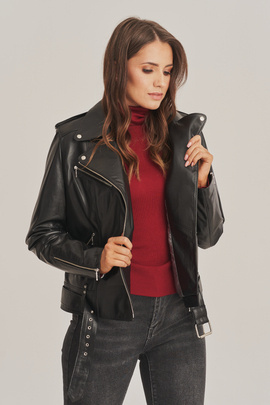 Blouson cuir biker noir avec ceinture pour femme