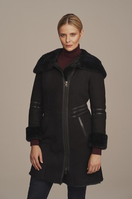 Manteau d'hiver femme en peau de mouton avec capuche, noir