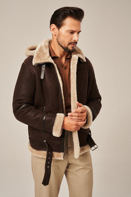 Blouson d'hiver en cuir à capuche pour homme, marron