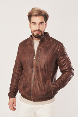 Blouson en cuir marron à col montant pour homme