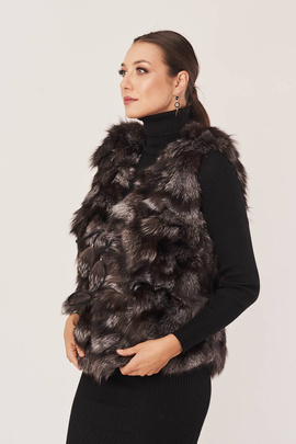 Gilet en fourrure pour femme en fourrure de renard, court, noir, argent