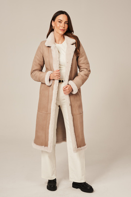 Manteau long en peau lainée pour femme, beige