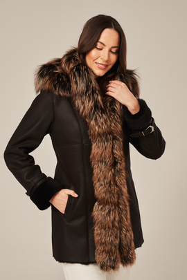 Manteau d'hiver en peau de mouton pour femme avec capuche, marron foncé