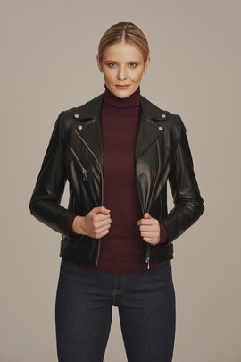 Blouson motard en cuir pour femme, noir