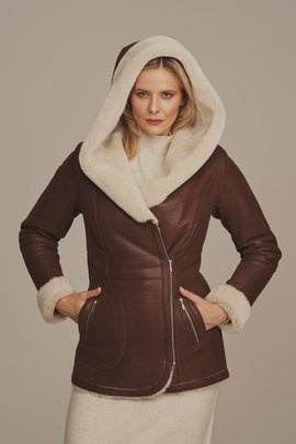 Manteau shearling femme brun avec capuche