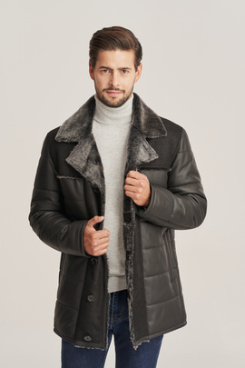 Blouson en cuir de mouton noir - Manteau homme en peau lainée