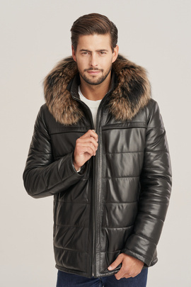 Veste en cuir homme hiver noire avec capuche