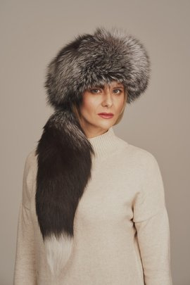 Chapeau et tuque d'hiver pour femme en fourrure naturelle de renard argenté