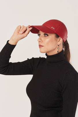 Casquette baseball femme rouge, cuir naturel
